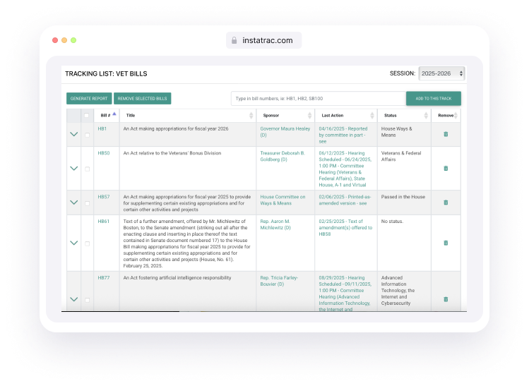 MassTrac bill tracking interface